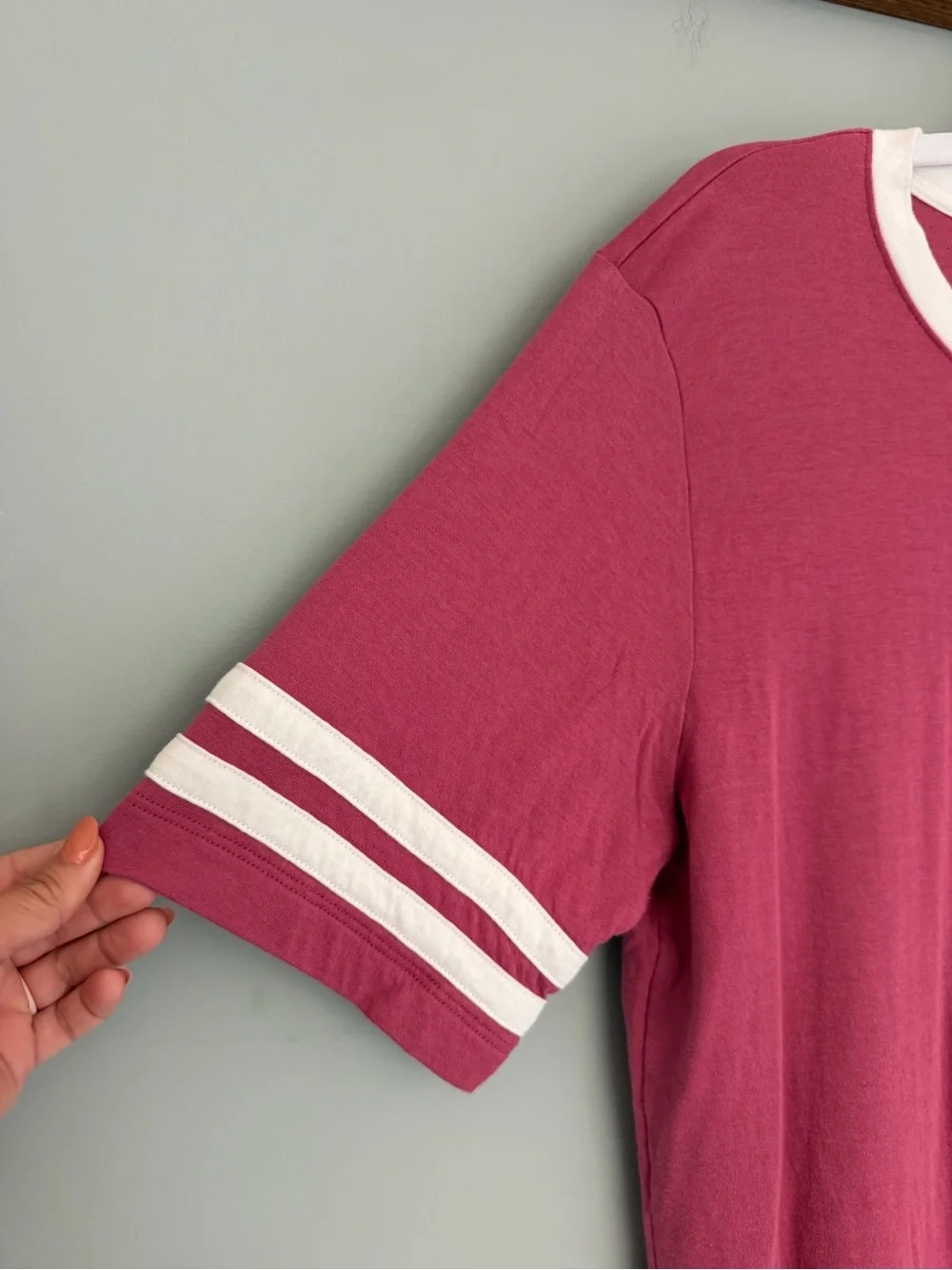 Faherty Berry Pink White Varsity Stripe Cloud Cotton Ringer Tee Shirt - Picture 4 of 16